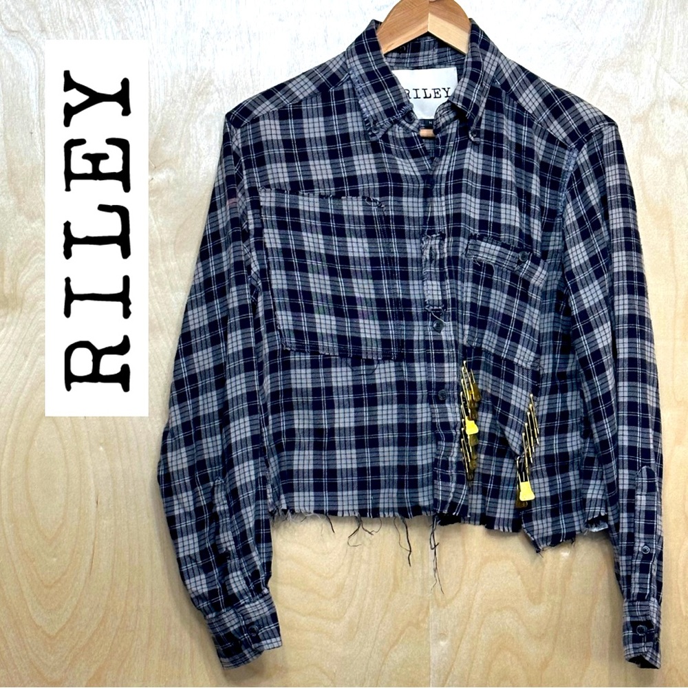 Riley 1880 Vintage Cropped Flannel with Gold Safety Pin Charm Details